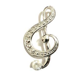 Silver Music Clef Note Brooch Pin Necklace Crystal Plated 2" Big Musician Gift